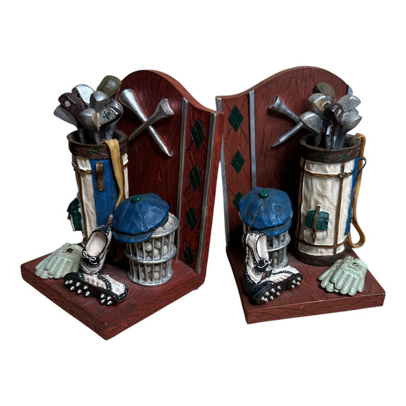 Russ Berrie Highland Ridge Golfing Themed Resin Bookends Golf Clubs & Golf Bag - Picture 1 of 6